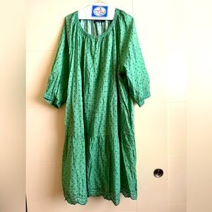 Gudrun Sjoden Organic Cotton "Lilly" Polka Dot Green Flowy Midi Dress Size XL